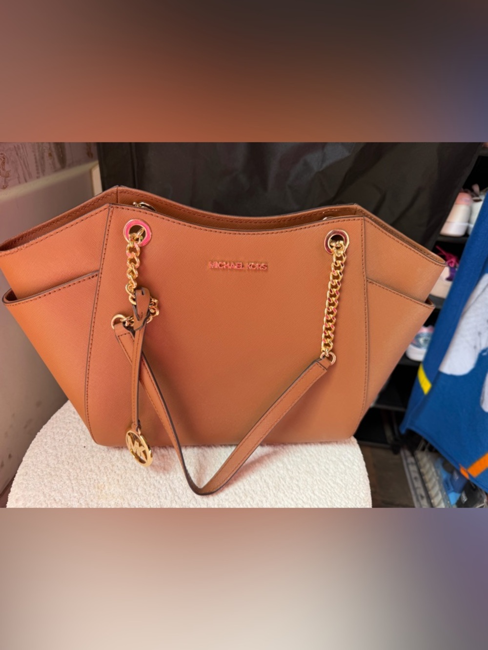 Michael Kors Cognac Saffiano Leather Shoulder Tote with Gold Chain Trim